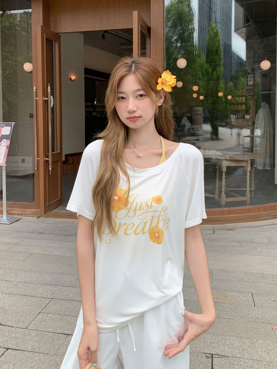 Floral Off-Shoulder Print T-Shirt for Women 2026 Summer
