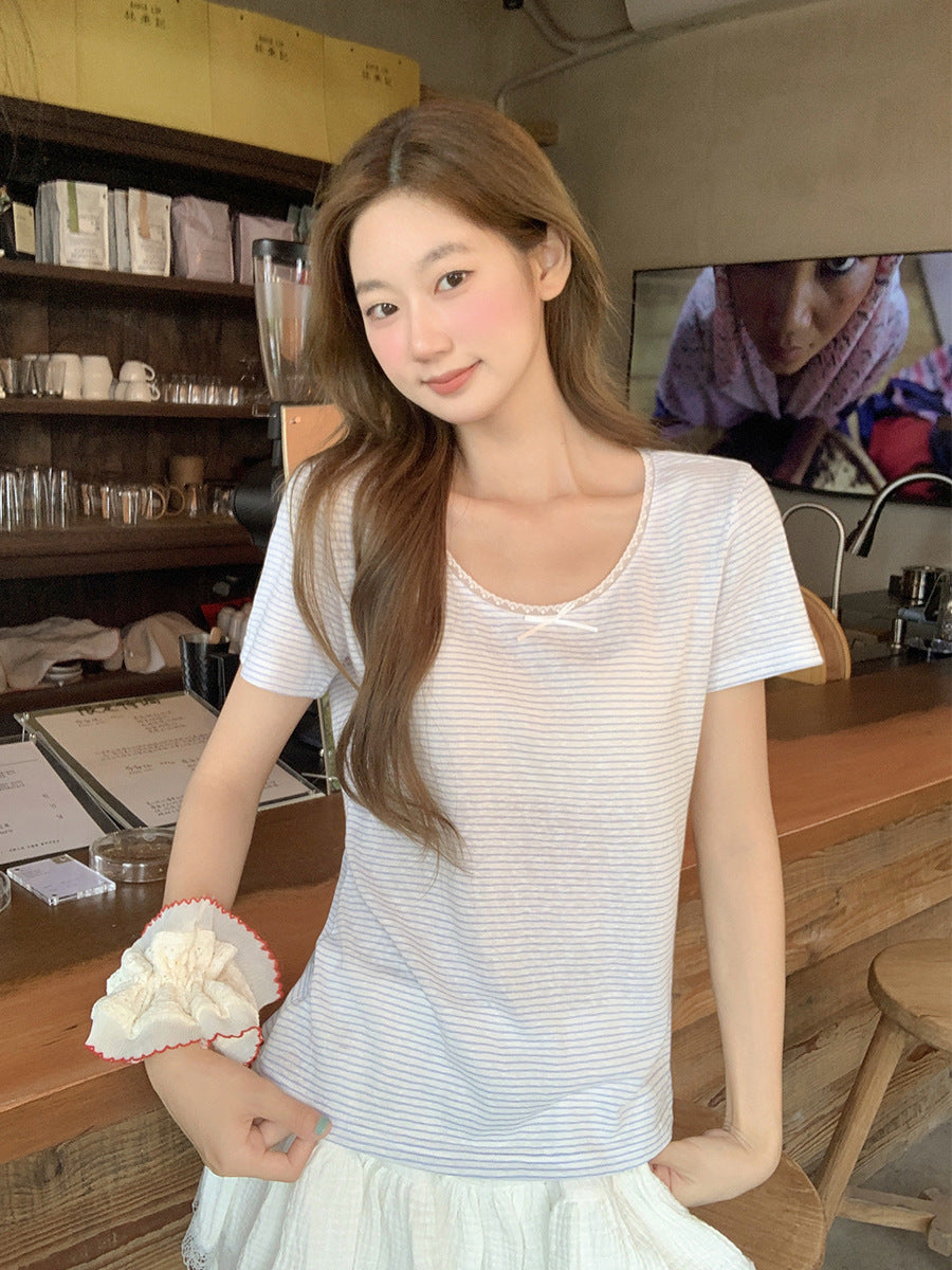 Blue White Striped Bow Loose T-Shirt for Women 2026