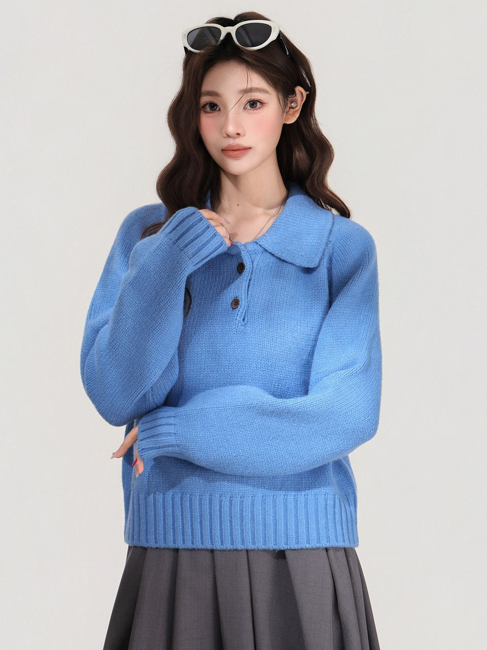 Blue Lapel Knitted Sweater for Women 2026 Winter