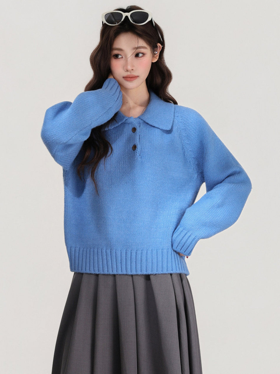 Blue Lapel Knitted Sweater for Women 2026 Winter
