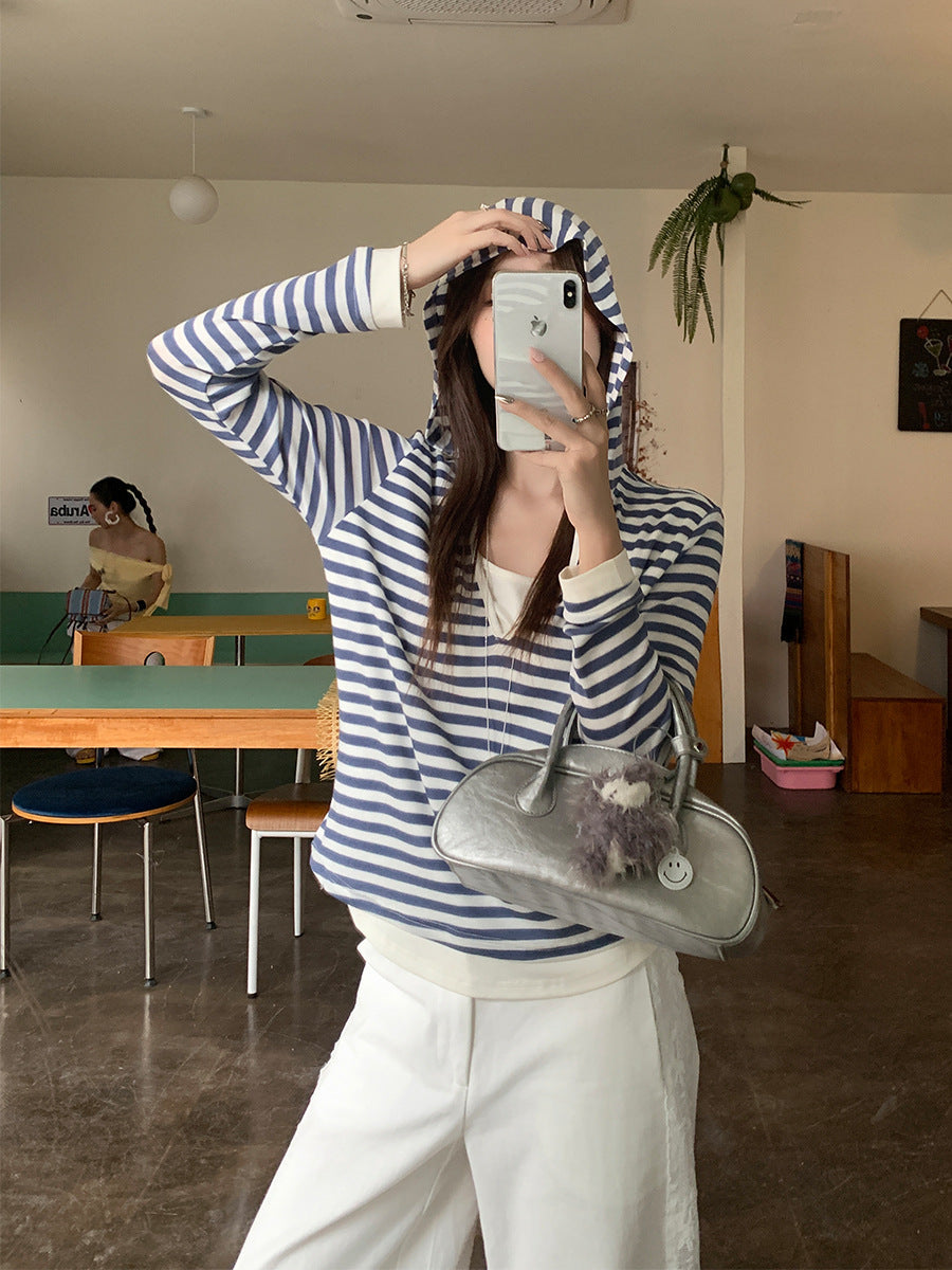 Striped V-Neck Hooded Slim Top for Women 2026 Summer