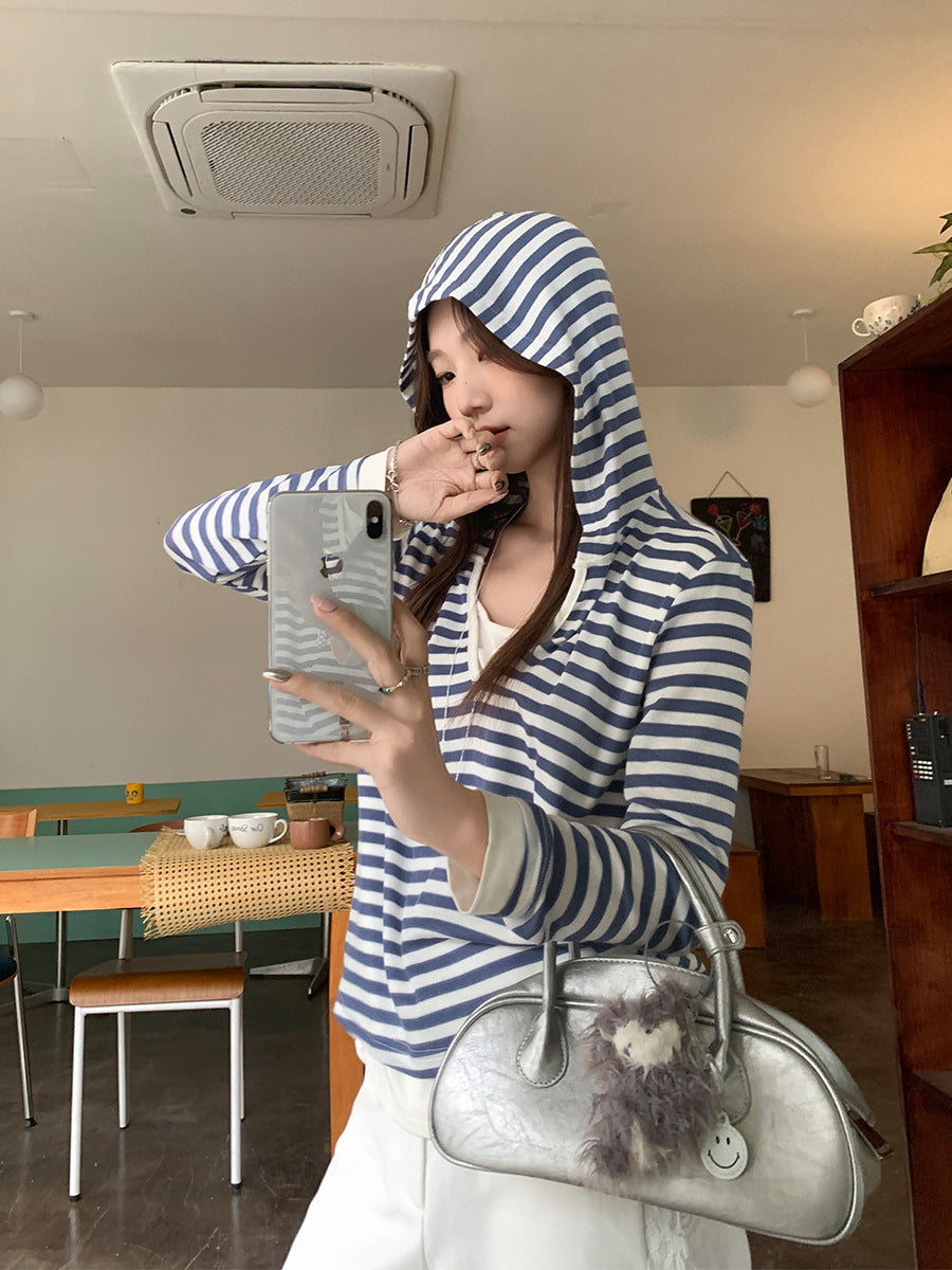 Striped V-Neck Hooded Slim Top for Women 2026 Summer