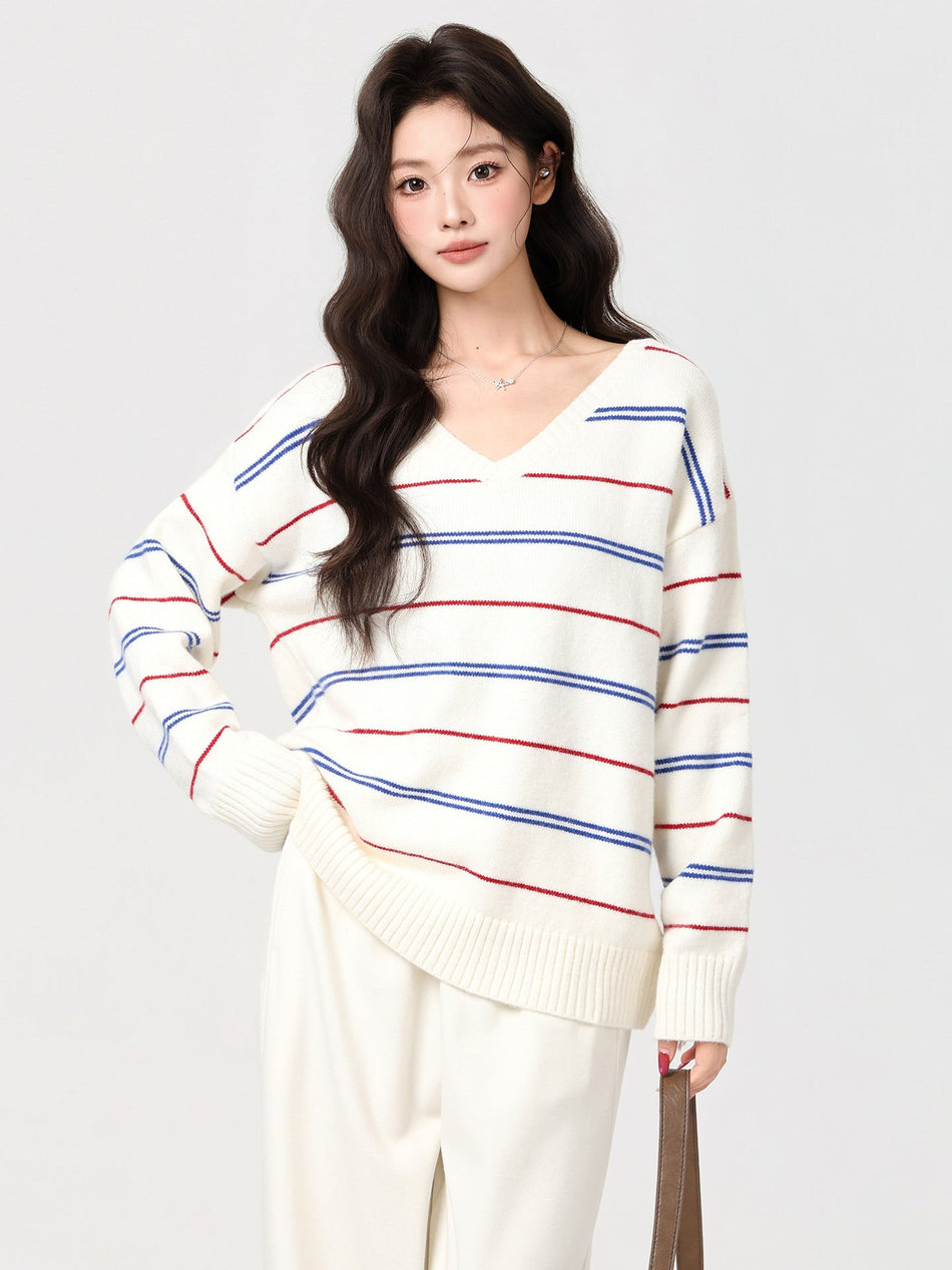 Apricot V-Neck Striped Knit Top for Women 2026 Winter