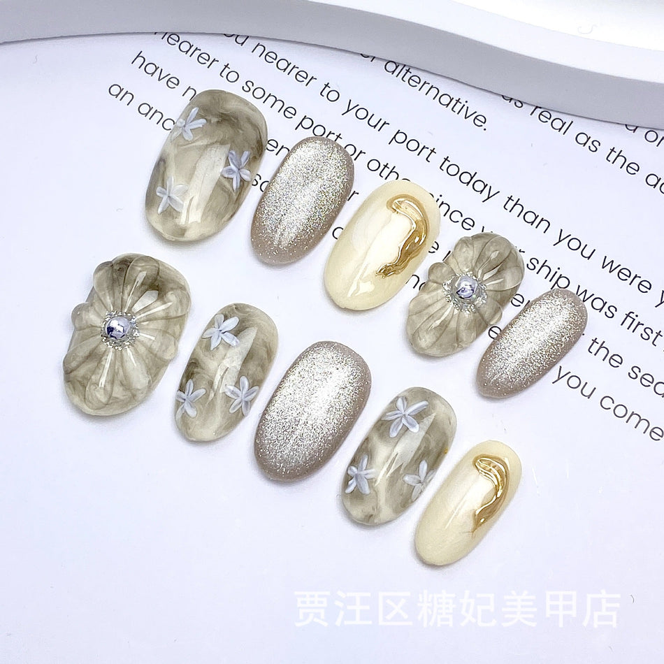 3D Floral Cat Eye Nail Tips – Handmade Design