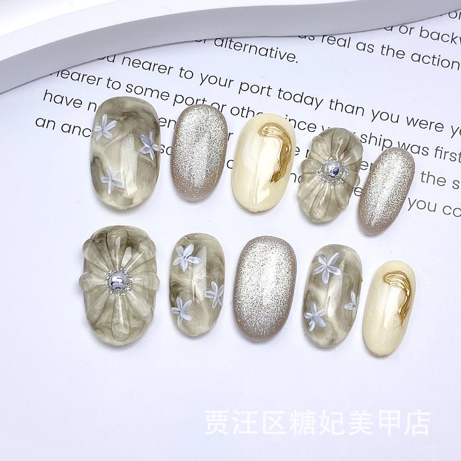 3D Floral Cat Eye Nail Tips – Handmade Design