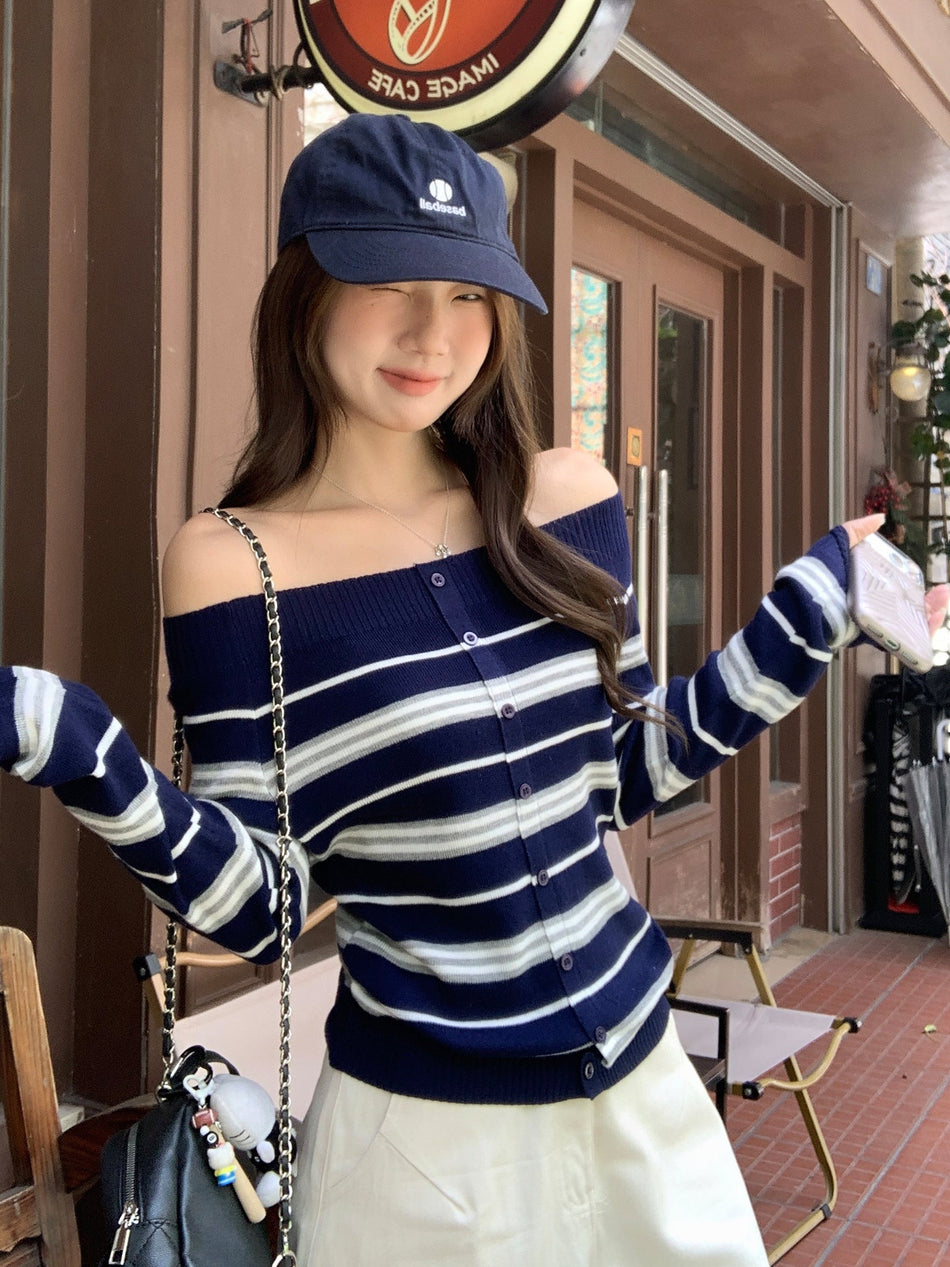 Navy Blue Striped Knit Off-Shoulder Top Women 2026