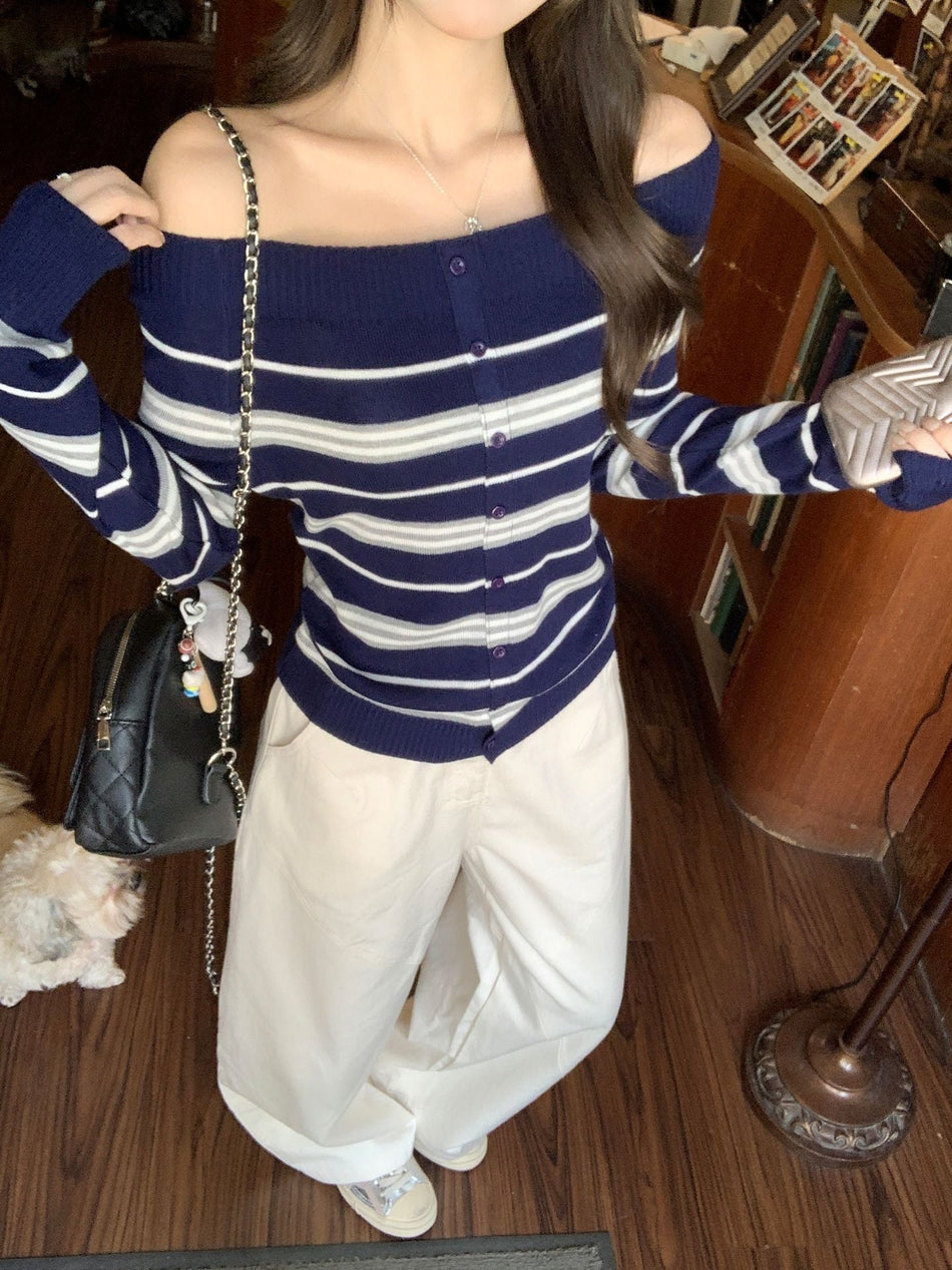 Navy Blue Striped Knit Off-Shoulder Top Women 2026