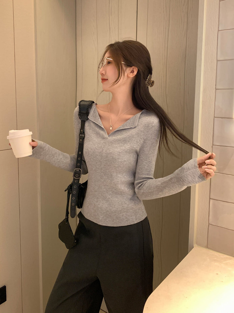Light Gray Knit Collar Top Women 2026 Winter Slim Fit