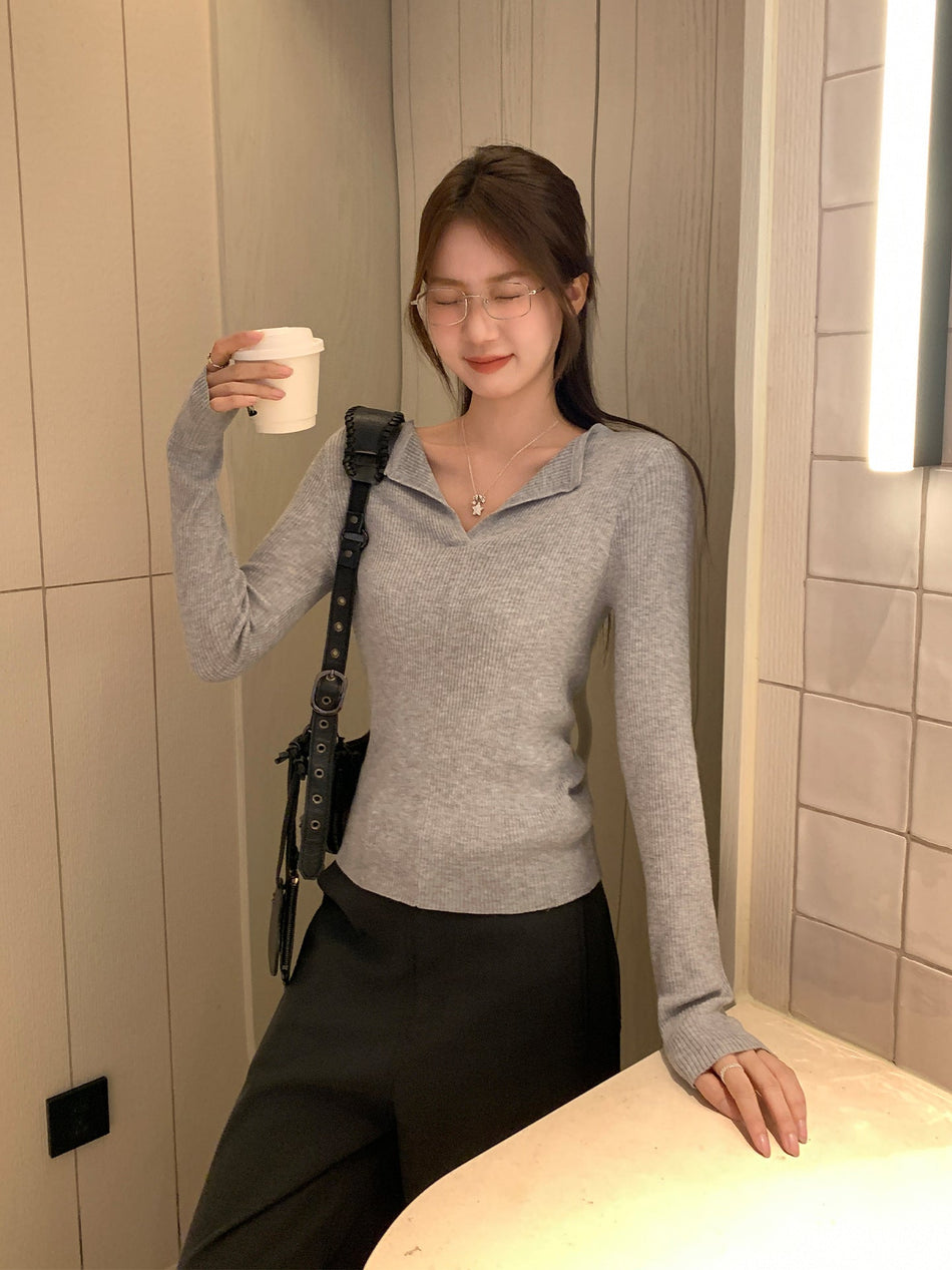 Light Gray Knit Collar Top Women 2026 Winter Slim Fit