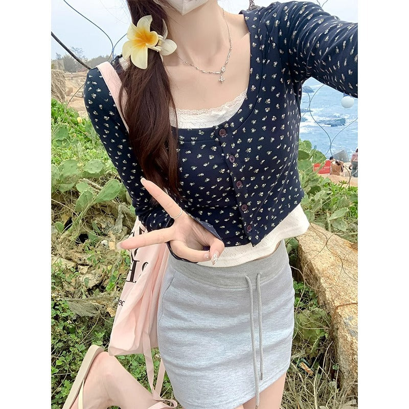 Floral Knit Cardigan Set Women 2026 Summer Lace Sling Top