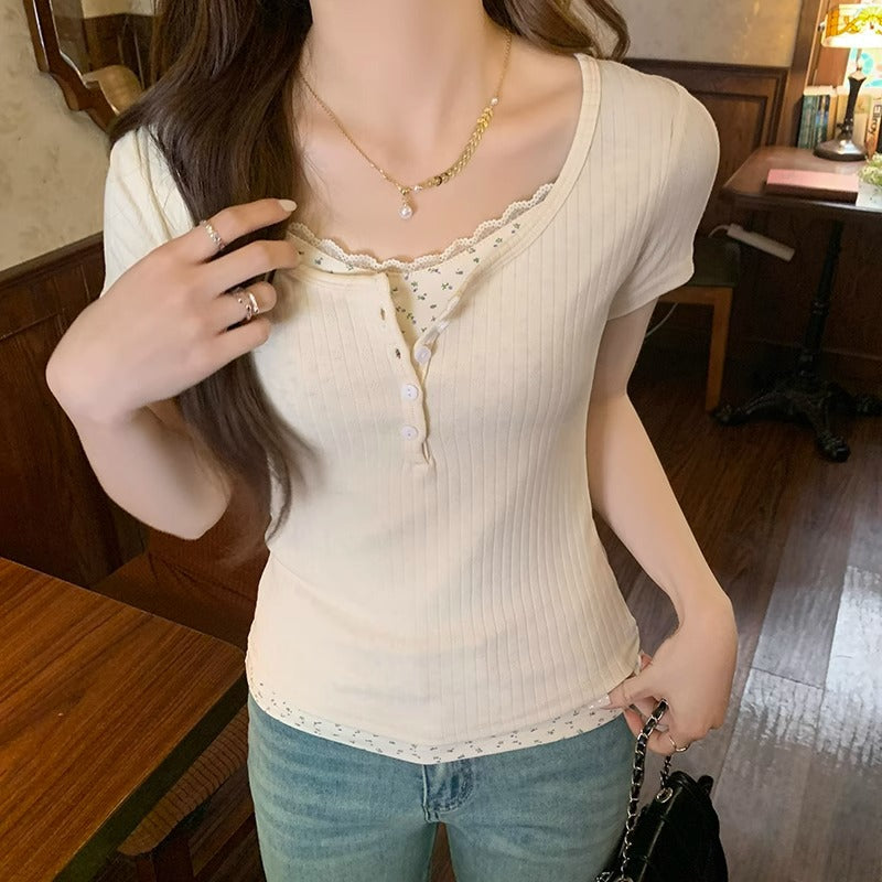 Floral U-Neck Slim Fit T-Shirt Women 2026 Summer