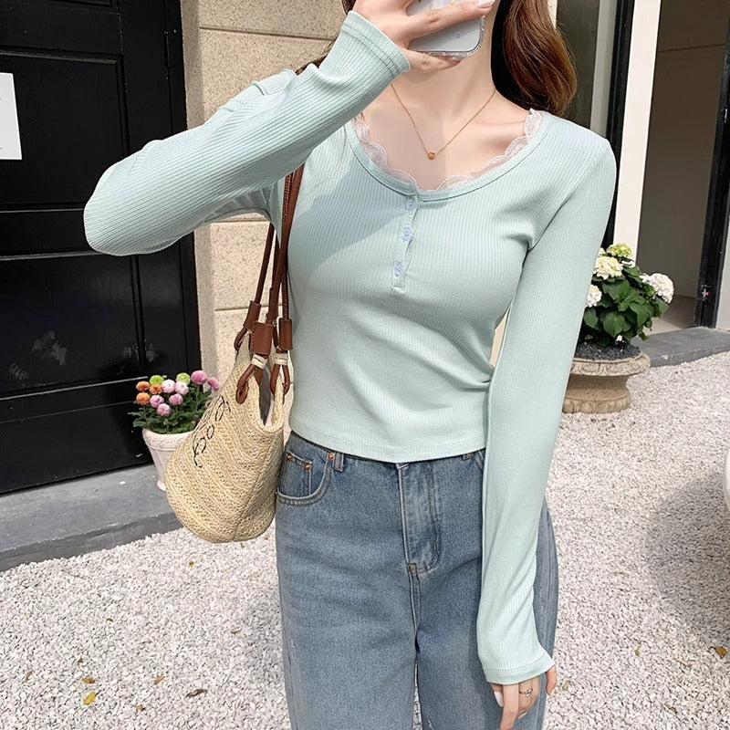 Lace Collarbone Slim Long Sleeve Top Women 2026