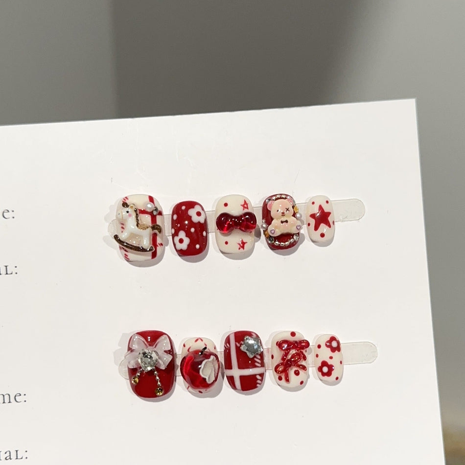 New Year Red Pony Nails – Cute Handmade Style