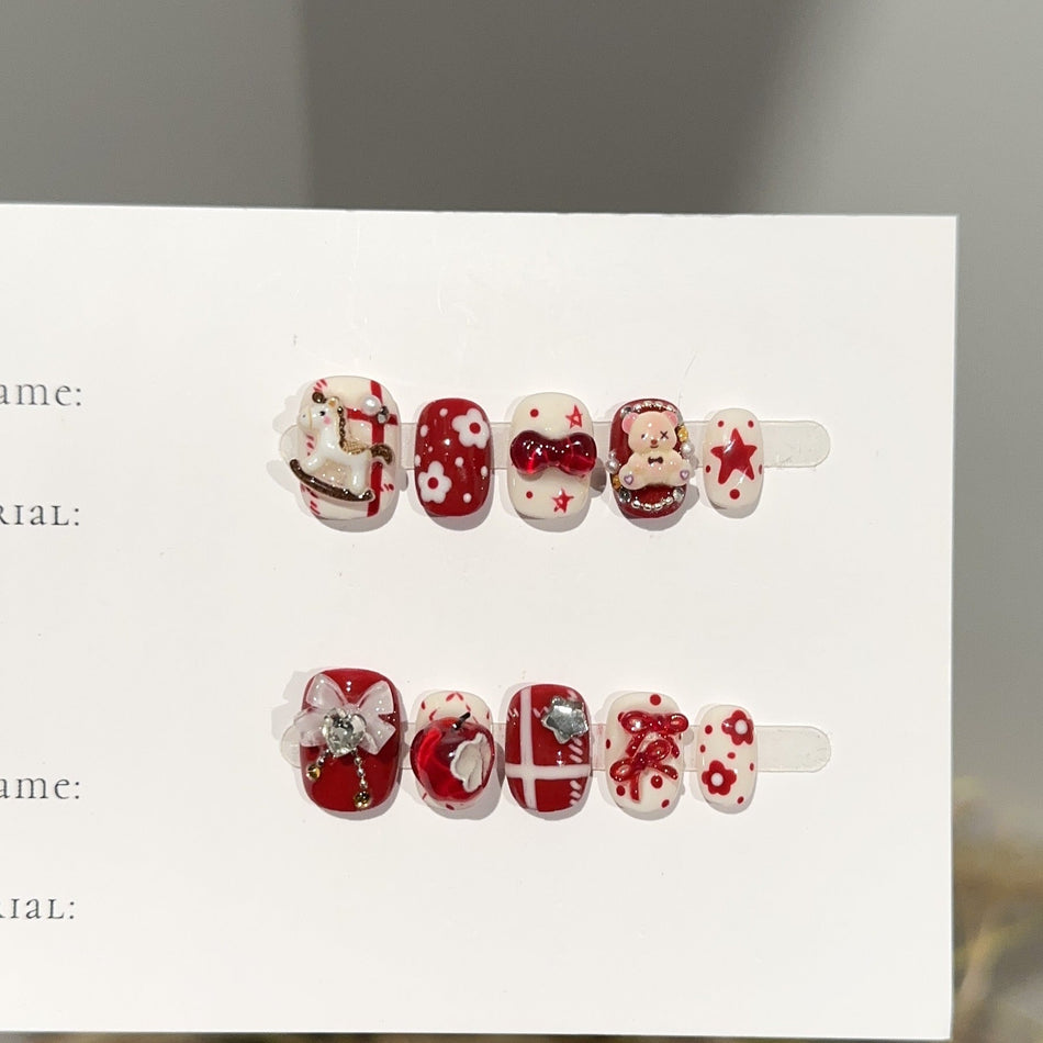 New Year Red Pony Nails – Cute Handmade Style