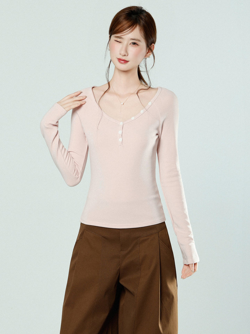 Pink V-Neck Fleece Slim Top for Women 2026 Winter