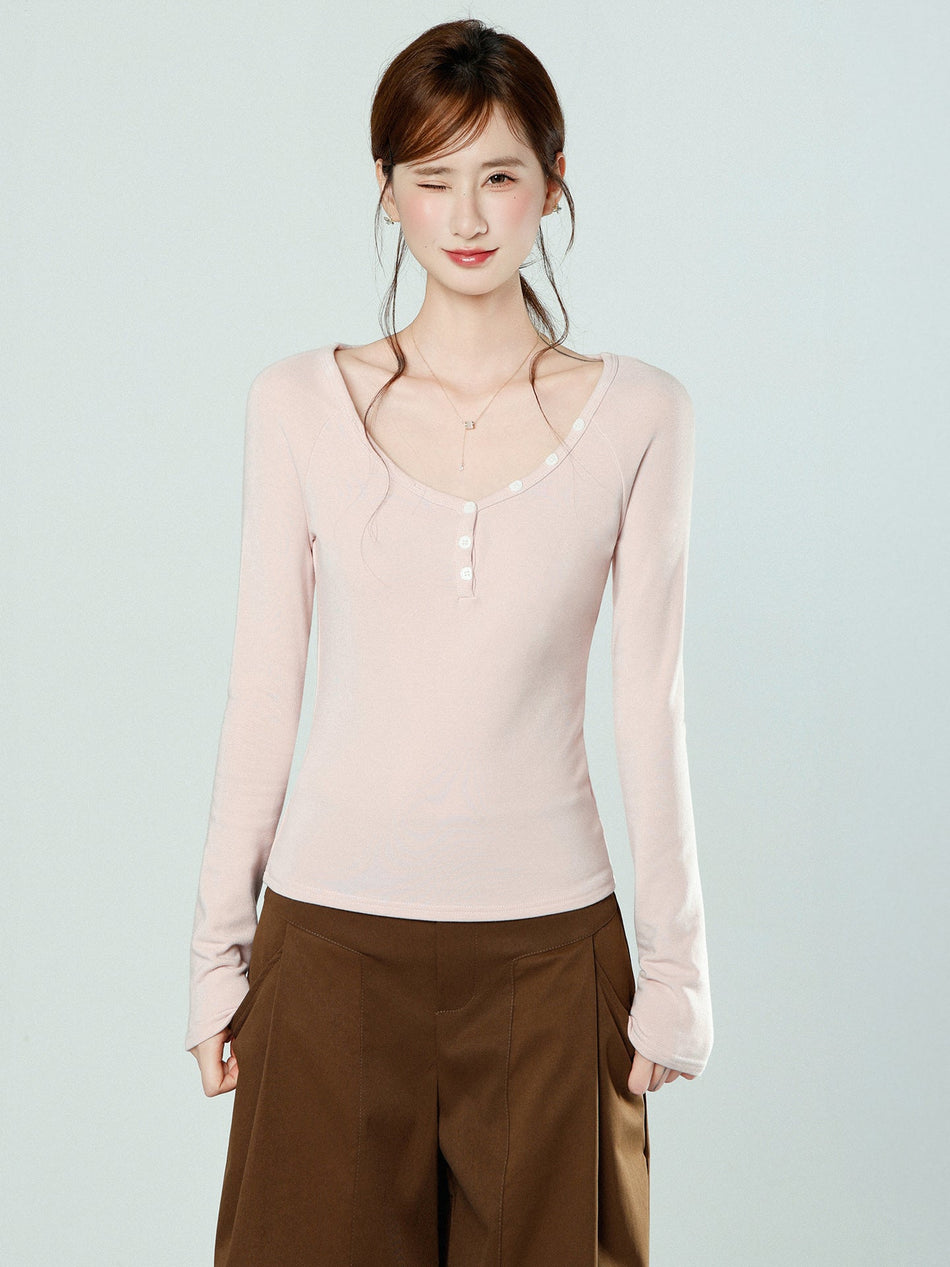 Pink V-Neck Fleece Slim Top for Women 2026 Winter