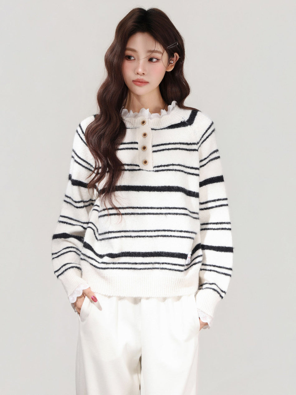 Lace Ruffled Striped Knit Sweater Women 2026 Winter