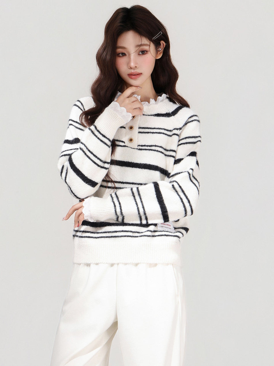 Lace Ruffled Striped Knit Sweater Women 2026 Winter