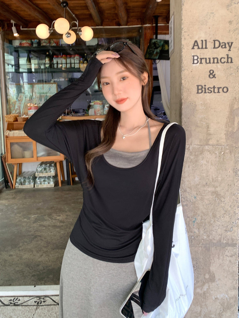 Black Large Neck Pleated Waist Top Women 2026 Autumn