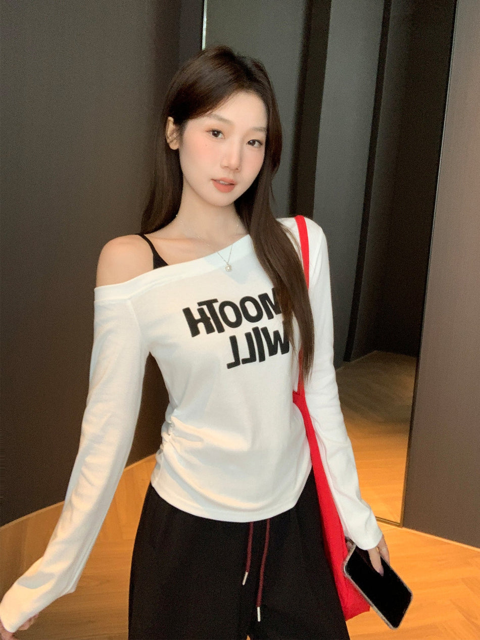 White Off-Shoulder Ruched Top Women 2026 Autumn