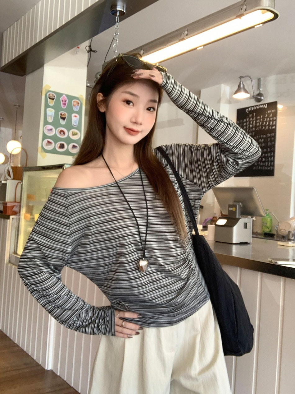 One-Shoulder Striped Top Women 2026 Autumn Korean Style