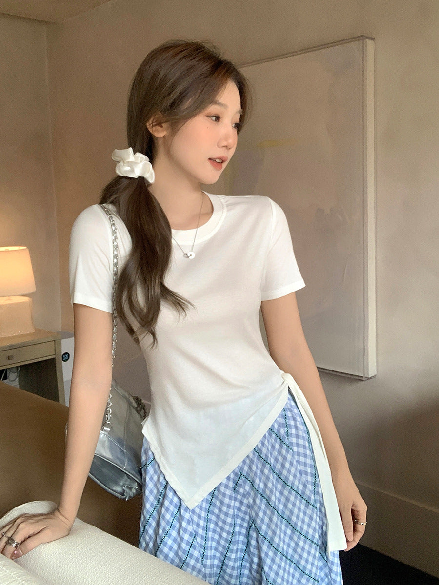 Korean Irregular Lace-Up Shoulder T-Shirt Women 2026