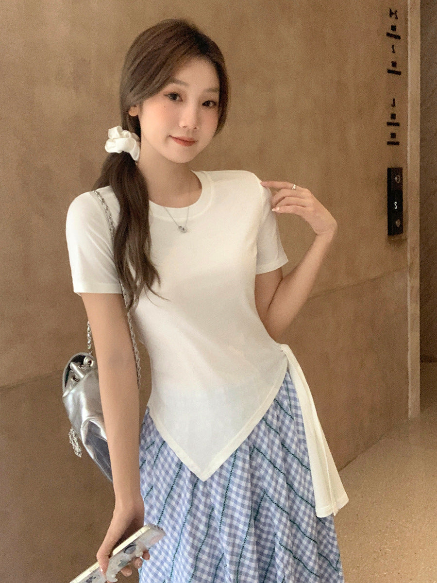 Korean Irregular Lace-Up Shoulder T-Shirt Women 2026