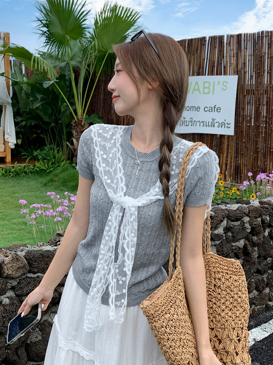 Fake Two-Piece Lace Shawl Knit T-Shirt Women Summer