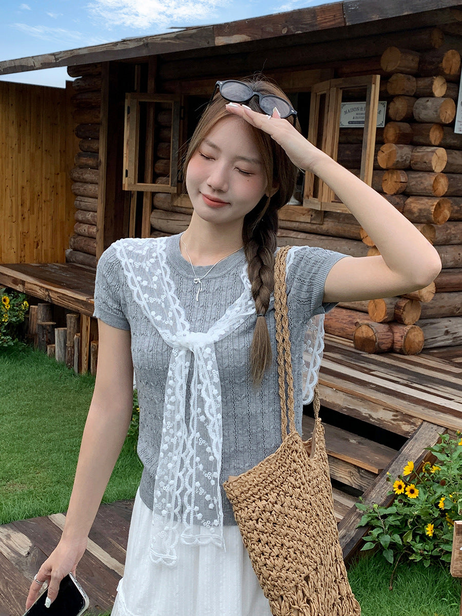 Fake Two-Piece Lace Shawl Knit T-Shirt Women Summer