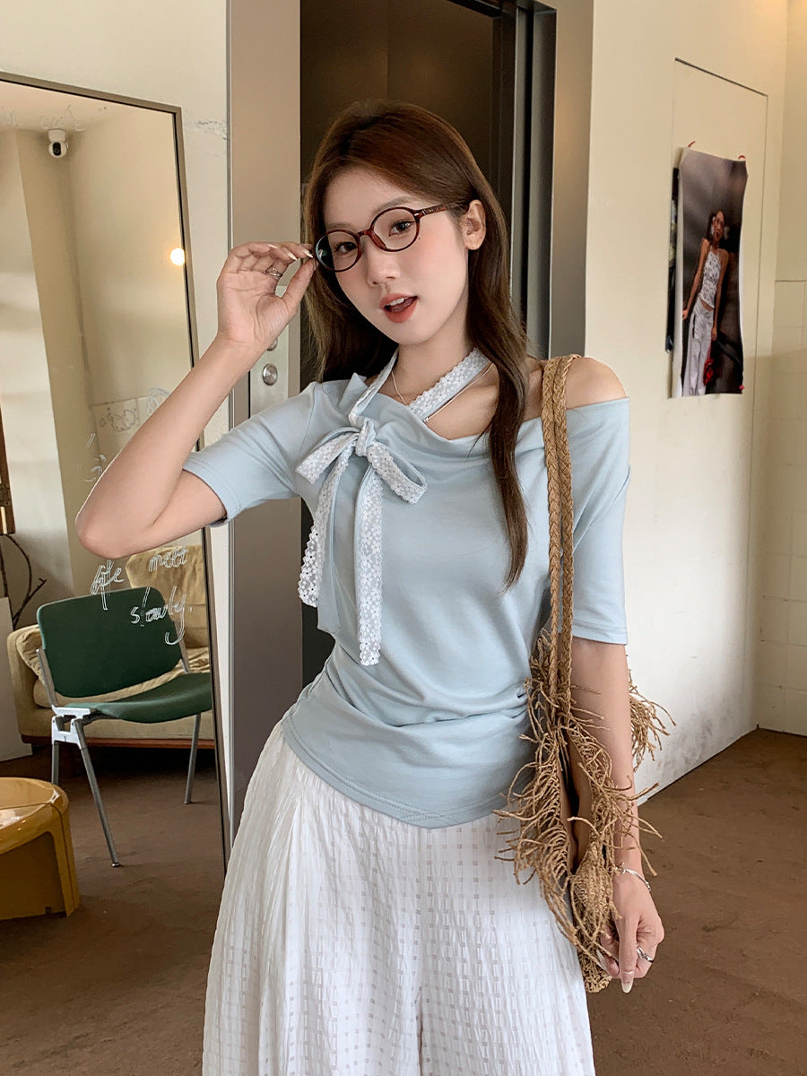 Off Shoulder Pleated Slim T-Shirt Women Summer 2026