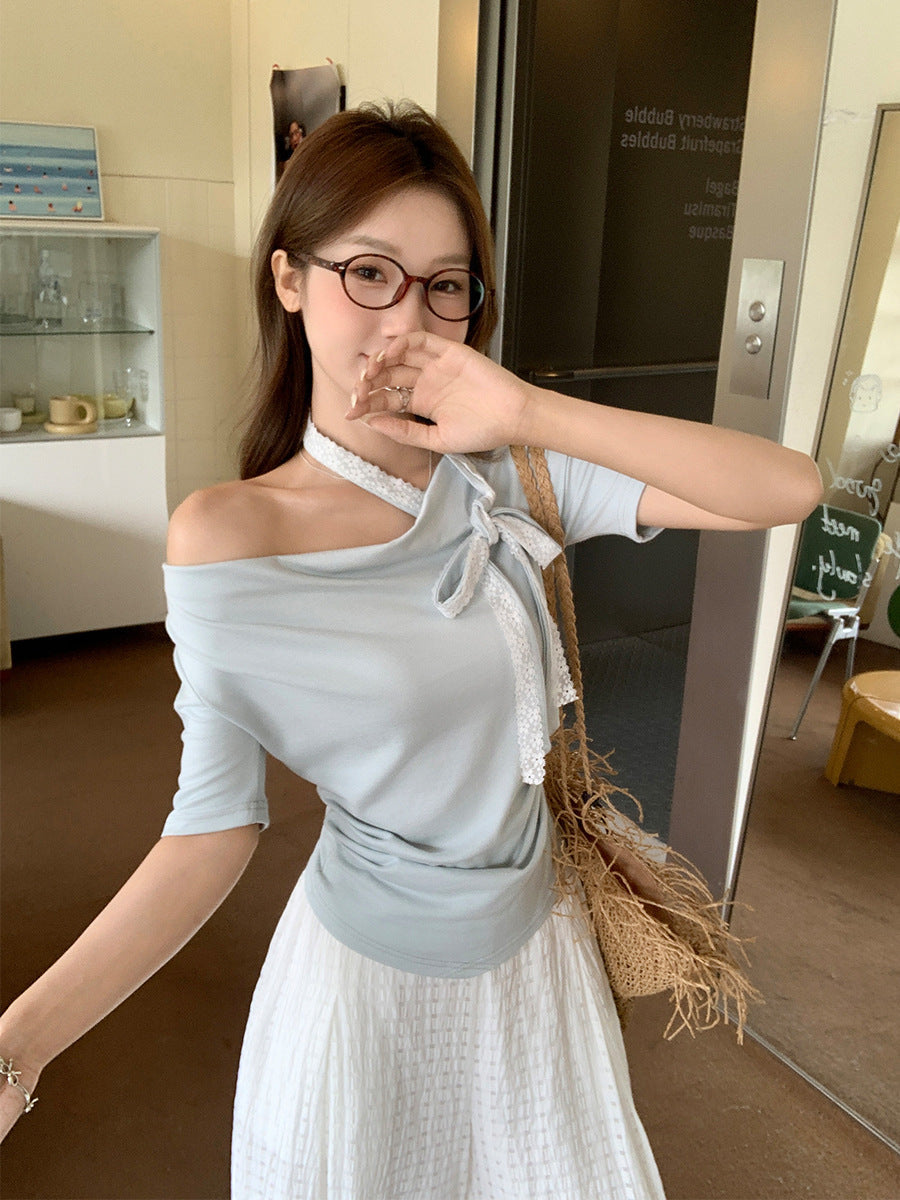 Off Shoulder Pleated Slim T-Shirt Women Summer 2026