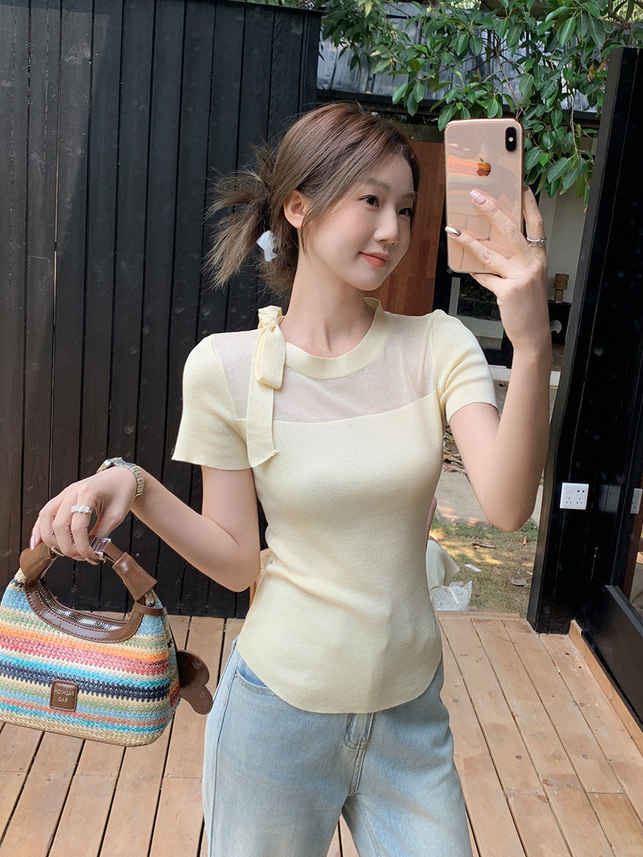 Sheer Lace-Up Knit T-Shirt Women Slim Summer Top