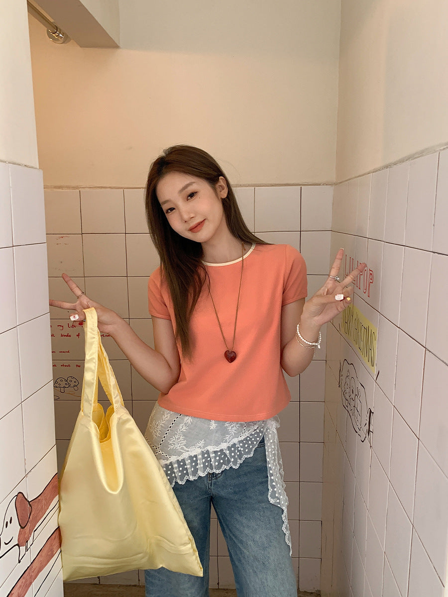 Korean Orange Shoulder T-Shirt Women Slim Summer Top