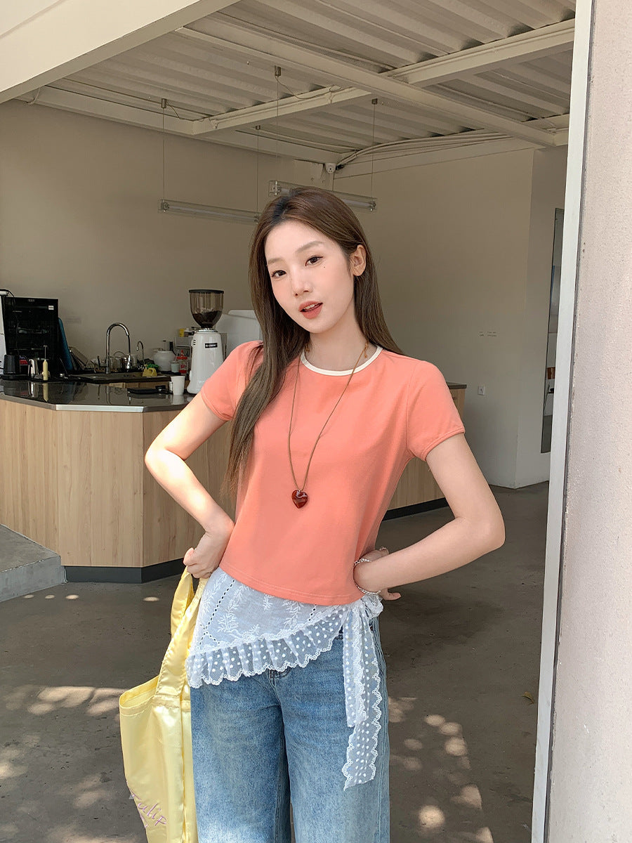 Korean Orange Shoulder T-Shirt Women Slim Summer Top