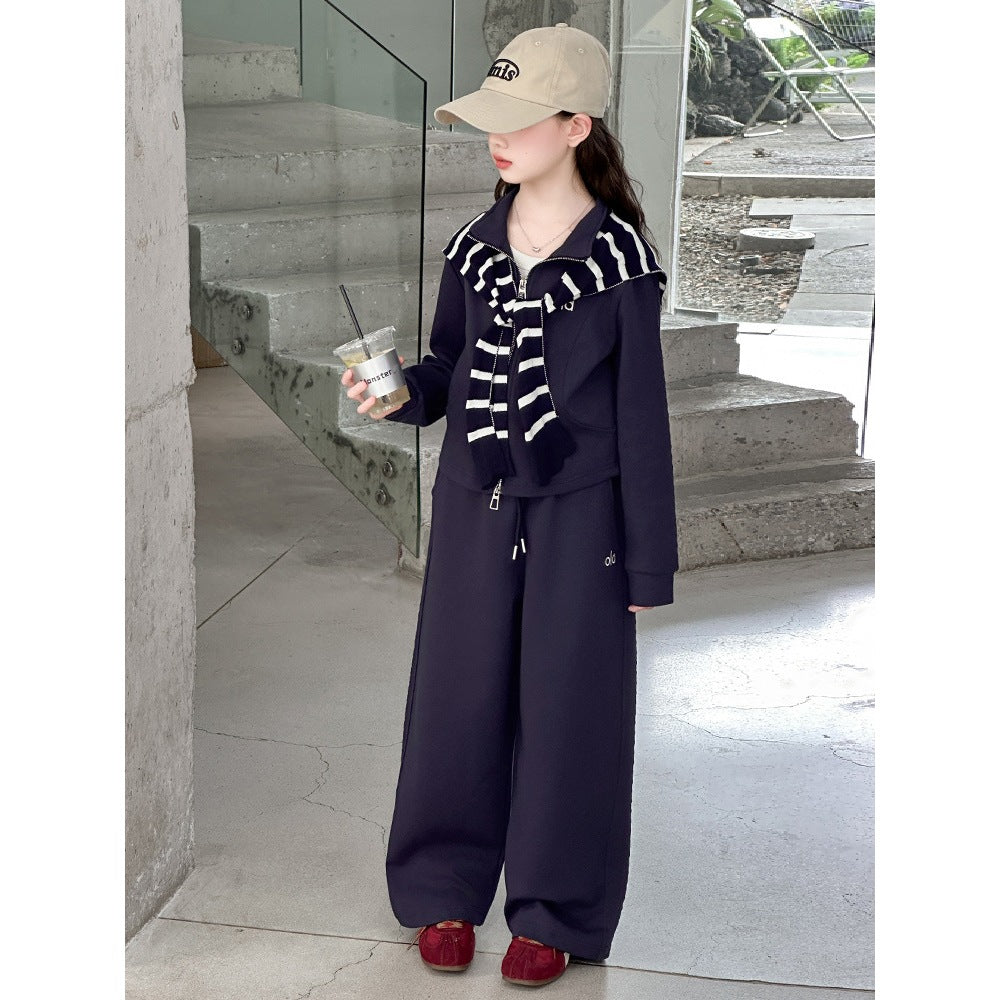 Girls' Autumn Letter Striped Shawl Set Korean Style Trendy Little Girl Zipper Shirt Casual Sports Two-Piece Set Trendy – S...