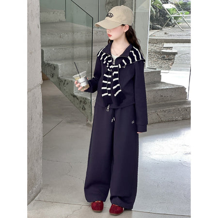 Girls' Autumn Letter Striped Shawl Set Korean Style Trendy Little Girl Zipper Shirt Casual Sports Two-Piece Set Trendy – S...