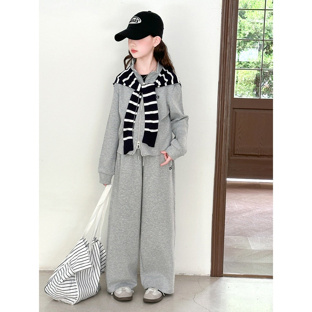 Girls' Autumn Letter Striped Shawl Set Korean Style Trendy Little Girl Zipper Shirt Casual Sports Two-Piece Set Trendy – S...