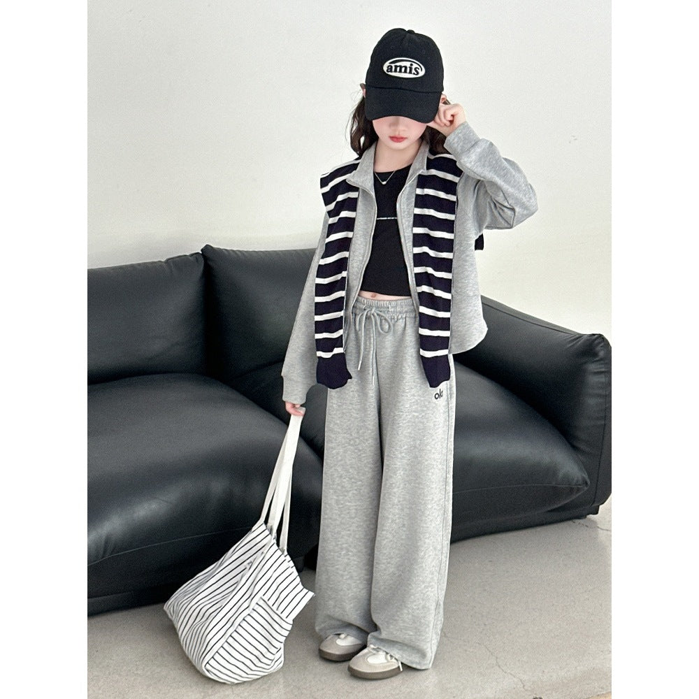 Girls' Autumn Letter Striped Shawl Set Korean Style Trendy Little Girl Zipper Shirt Casual Sports Two-Piece Set Trendy – S...