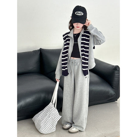 Girls' Autumn Letter Striped Shawl Set Korean Style Trendy Little Girl Zipper Shirt Casual Sports Two-Piece Set Trendy – S...