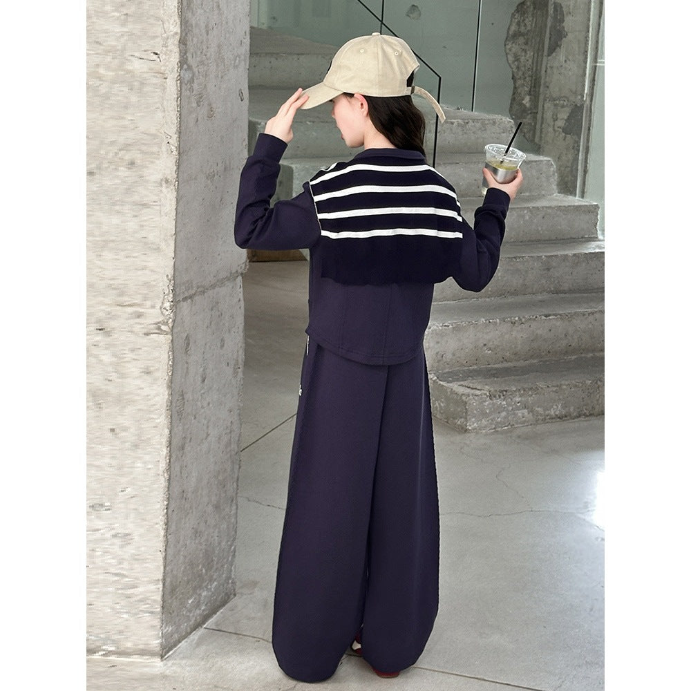 Girls' Autumn Letter Striped Shawl Set Korean Style Trendy Little Girl Zipper Shirt Casual Sports Two-Piece Set Trendy – S...