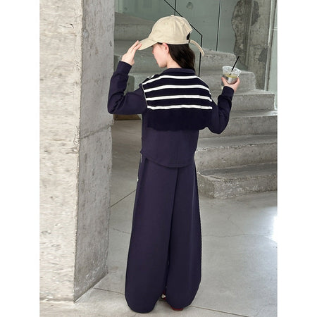 Girls' Autumn Letter Striped Shawl Set Korean Style Trendy Little Girl Zipper Shirt Casual Sports Two-Piece Set Trendy – S...