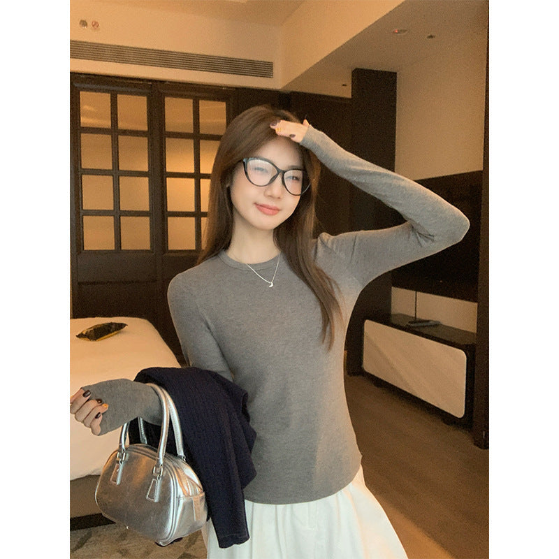 Grey Slim Base Shirt Women Round Neck Winter Inner Top