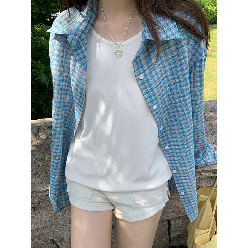 Blue Plaid Loose Shirt Women Sun Protection Jacket