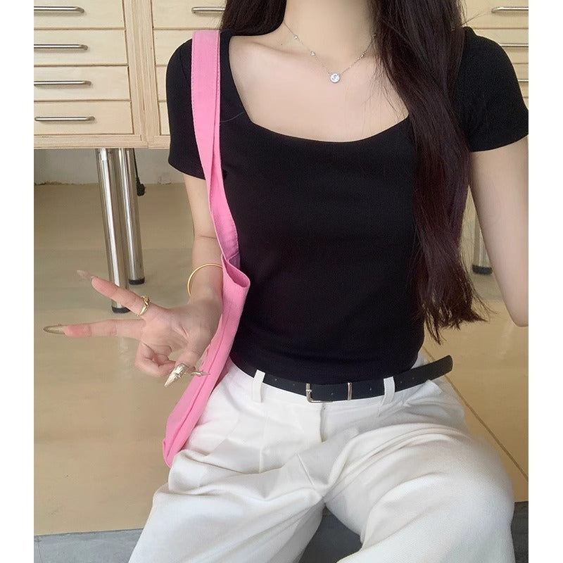 Black Low Neck Slim T-Shirt Women Summer Chic Top