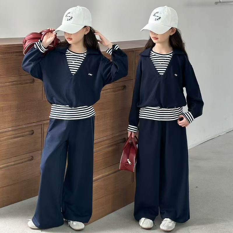 Girls’ Autumn 2025 Striped Fake Two-Piece Set – Spring Autumn Kids Fashion Nepal | Tudoholic