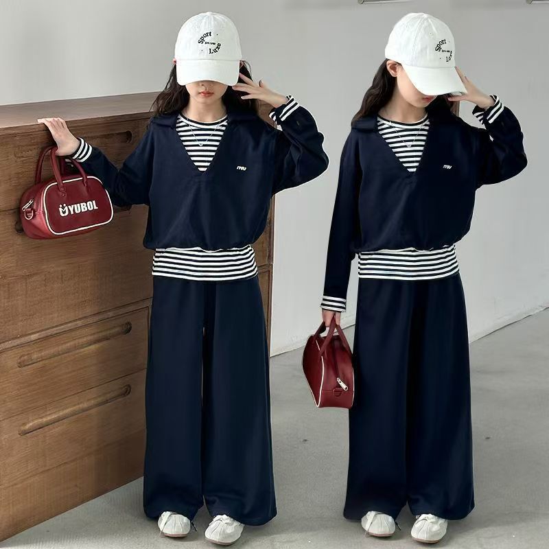 Girls’ Autumn 2025 Striped Fake Two-Piece Set – Spring Autumn Kids Fashion Nepal | Tudoholic
