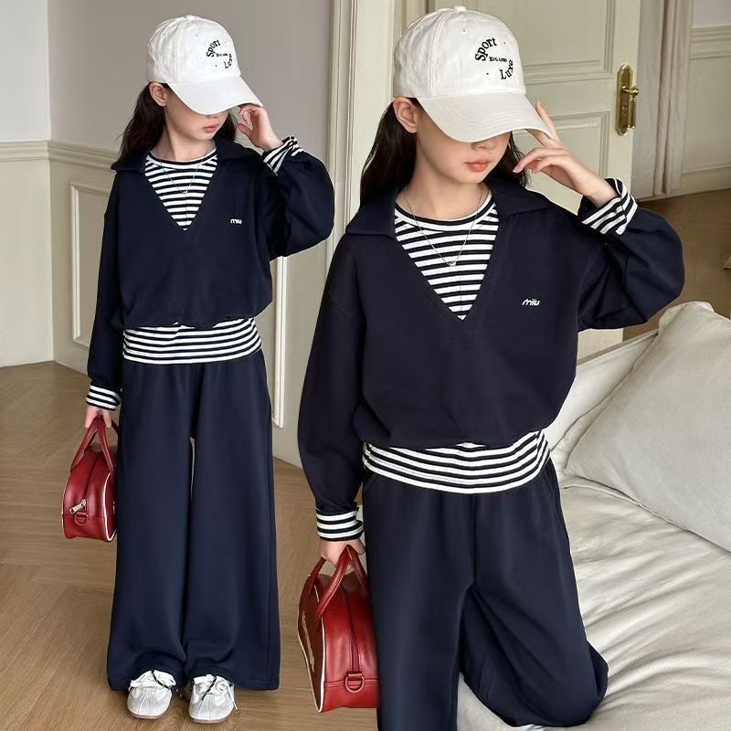 Girls’ Autumn 2025 Striped Fake Two-Piece Set – Spring Autumn Kids Fashion Nepal | Tudoholic
