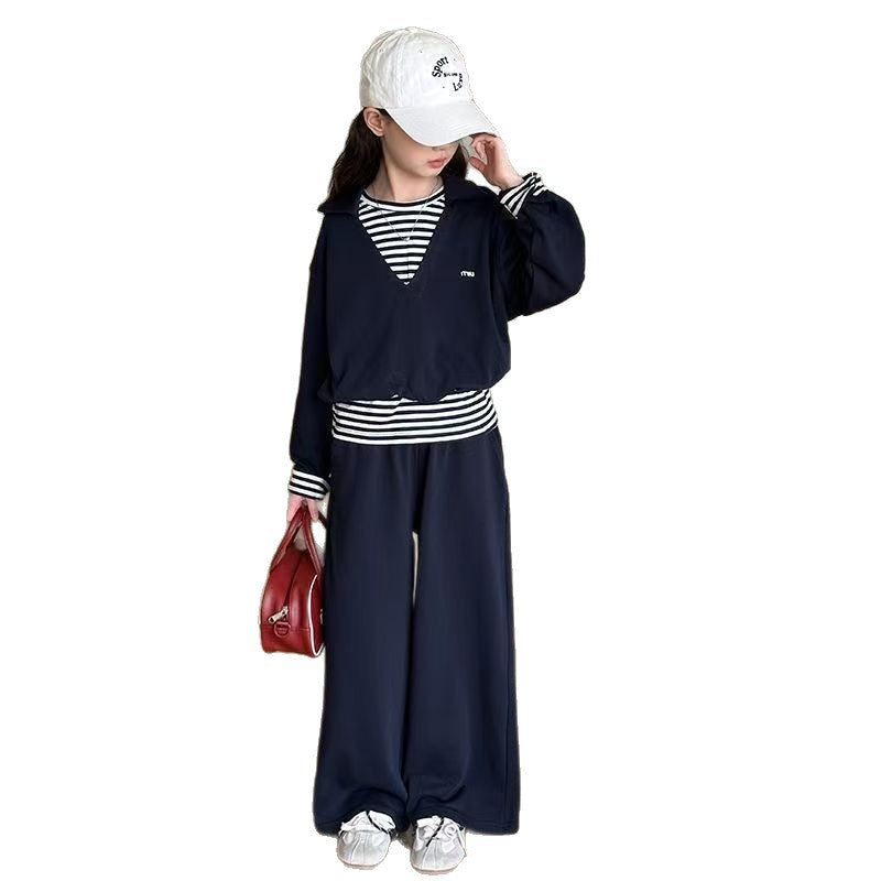 Girls’ Autumn 2025 Striped Fake Two-Piece Set – Spring Autumn Kids Fashion Nepal | Tudoholic