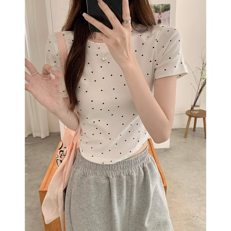 White Polka Dot Slim T-Shirt Women Summer Retro Top