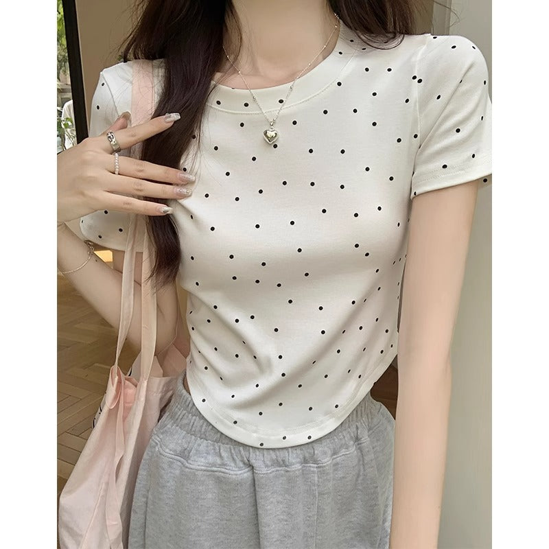White Polka Dot Slim T-Shirt Women Summer Retro Top